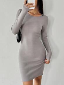 Flirla Women Simple Solid Color Crew Neck Long Sleeve Sweater Dress Fall Cloth For Women - Grey - View 4