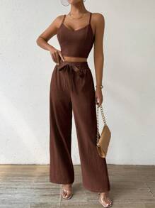 Breezaya 2pcs Women's Camisole Top With Bowknot & Straight Leg Casual Pants Vacation Set - Coffee Brown - View 3