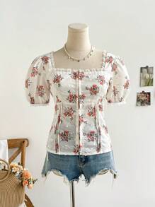 Soleia Camicia con maniche a sbuffo da donna con scollo quadrato, romantico bordo in pizzo e tessuto con texture vintage multicolore