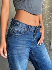 SHEIN Cottnline Low Waist Button Belt Detailed Straight Jean - Dark Wash - View 4