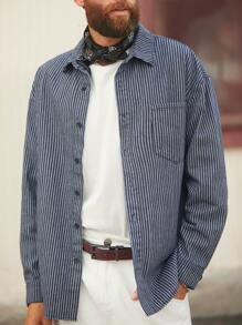 Manfinity Homme 男士海军蓝竖条纹牛仔宽松衬衫 - 深色水洗藍 - 查看 5