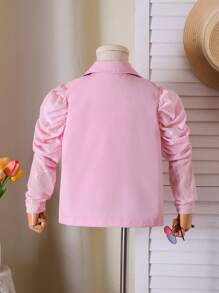 SHEIN 年轻女孩休闲纯色优雅蕾丝泡泡袖时尚西装外套，适合秋季、冬季、日常穿着、派对 - 粉色 - 查看 2