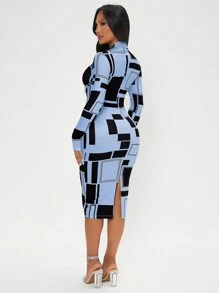 SHEIN SXY 女式撞色印花针织长袖连衣裙