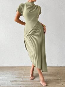 Calvaya Vestido elegante maxi con cuello alto, plisado asimétrico en el bajo para mujer