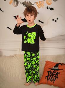 SHEIN Young Boys Halloween Cartoon Pattern Long Sleeve Knitted Sleepwear Set, Flame Retardant, 2pcs Pajama Set (3 Sets Sold Separately, Daddy & Me Matching Outfits)