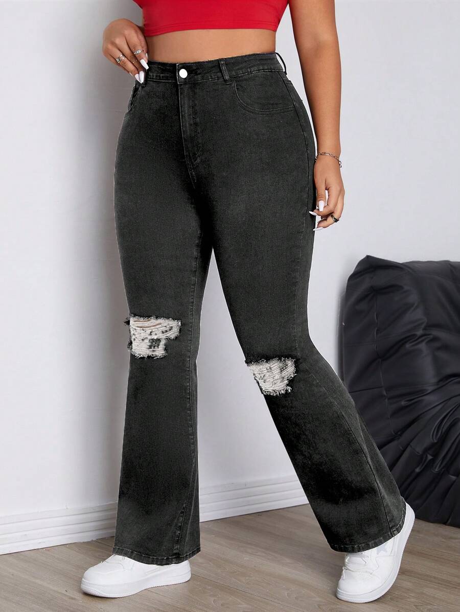 SHEIN EZwear Plus Size Women's Distressed Pockets Detail Flare Leg Casual Jeans - Grey - View 1