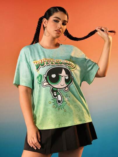 THE POWERPUFF GIRLS X SHEIN Camiseta a juego con estampado de mariposa y letras en degradado de color verde milenario talla grande para hermanas