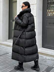 SHEIN Tall Tall Women's Slant Pockets Single Breasted Puffer Coat - Black - View 2