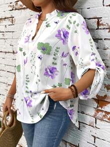 SHEIN LUNE Blusa de manga corta sencilla de diario con estampado floral para mujer talla grande - Multicolor - Ver 7