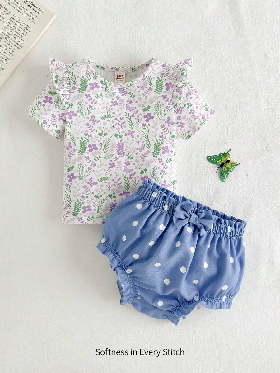 Cozy Pixies 2pcs Baby Girl Ditsy Floral Ruffle Collar Pullover Top And Polka Dot Shorts Set - Blue - View 1