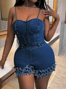 SHEIN Slayr Spaghetti Strap Back Zipper Ruffled Hem Fitted Denim Shorts, Casual Daily - Medium Wash - View 1