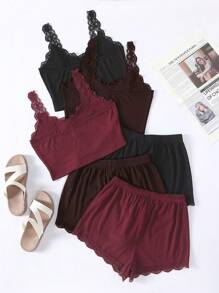 SHEIN Bộ đồ ngủ 3 món gồm áo hai dây phối ren màu trơn và quần short cho nữ - Nhiều màu - Xem 2