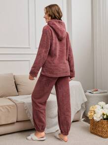 RueChic 2Pcs Pelush Slogan Embroidery Detail Hoodie And Long Bottom Lounge Set - Rusty Rose - View 2