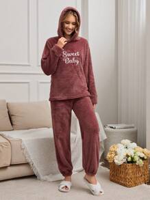 RueChic 2Pcs Pelush Slogan Embroidery Detail Hoodie And Long Bottom Lounge Set - Rusty Rose - View 6
