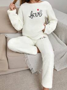 EURMUSE 2Pcs Pelush Love Embroidery Detail PJ Set - White - View 5