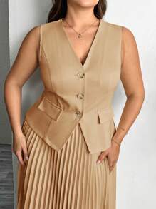 SHEIN Privé Sleeveless Blazer + Long Pleated Skirt Plus Size Business Set - Khaki - View 5
