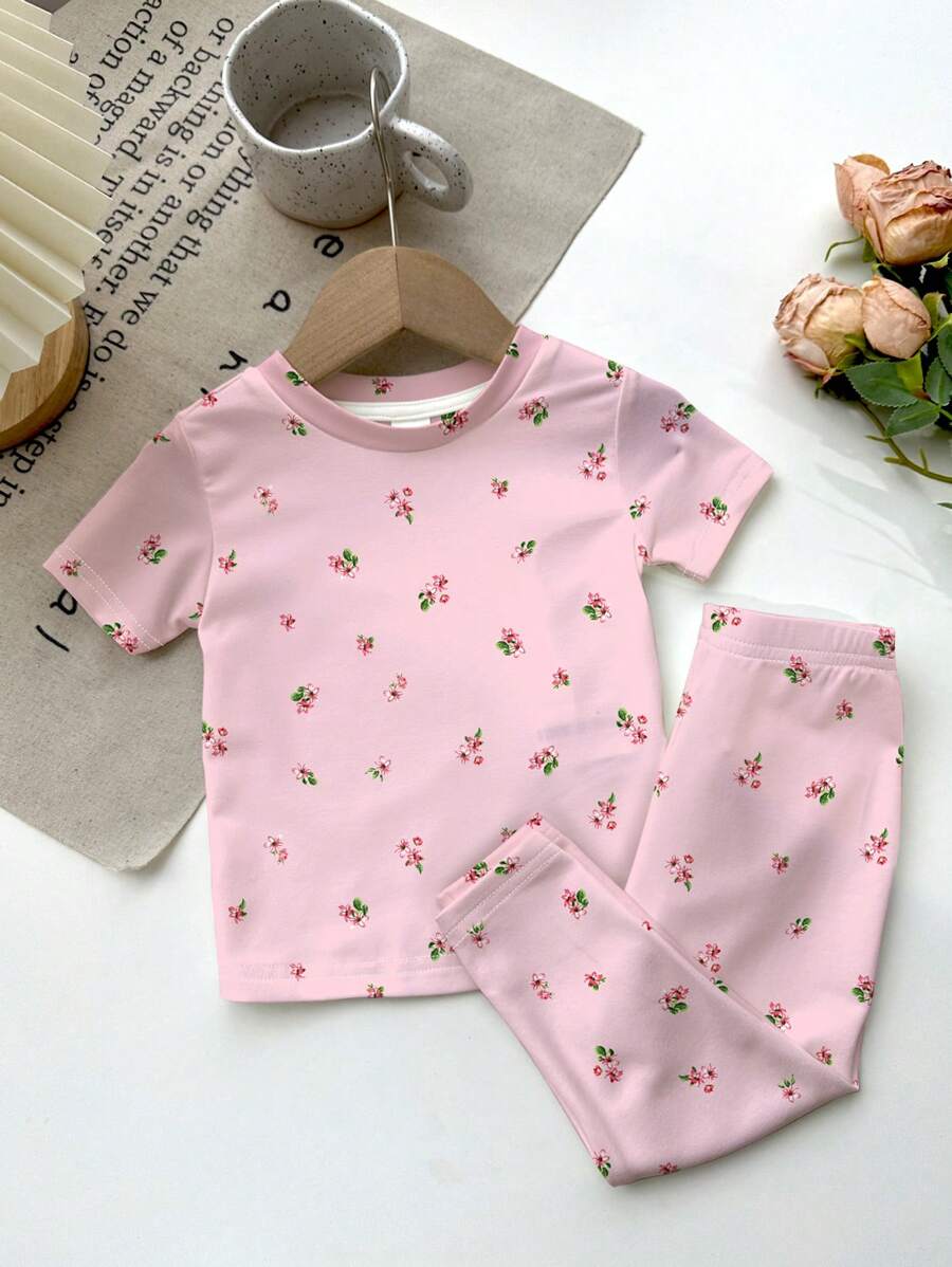 2pcs Snug Fit Young Girl Casual Pink Floral Printed Short Sleeve Crew Neck T-Shirt And Pants Homewear Set, Suitable For Spring And Summer