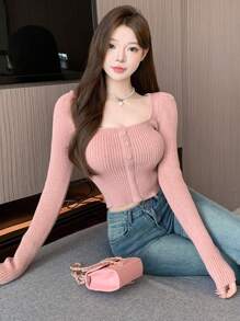 DAZY Women's Square Collar Solid Color Puff Sleeve Sweater Fall - Pink - View 6