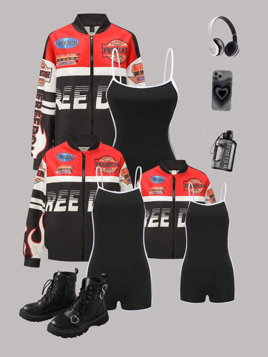 SHEIN Explorewe 2pcs Women's Fashion Street Casual Letter Print Baseball Jacket And Contrast Trim Romper Mommy & Me Clothes Set - Multicolor - View 1