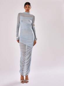 MUSERA Sexy Sheer Mesh Ruched Detail Long Dress Elegant Spring Summer Vacation Party Sheer Wedding Guest