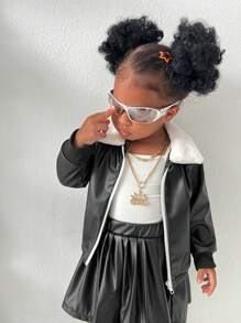 SHEIN Explorewe 2 件装女婴冬季黑色 PU 加厚保暖毛绒领迷人酷炫可爱运动休闲装 - 彩色 - 查看 6