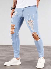 Manfinity Homme Men Pocket Ripped Casual Denim Skinny Trousers