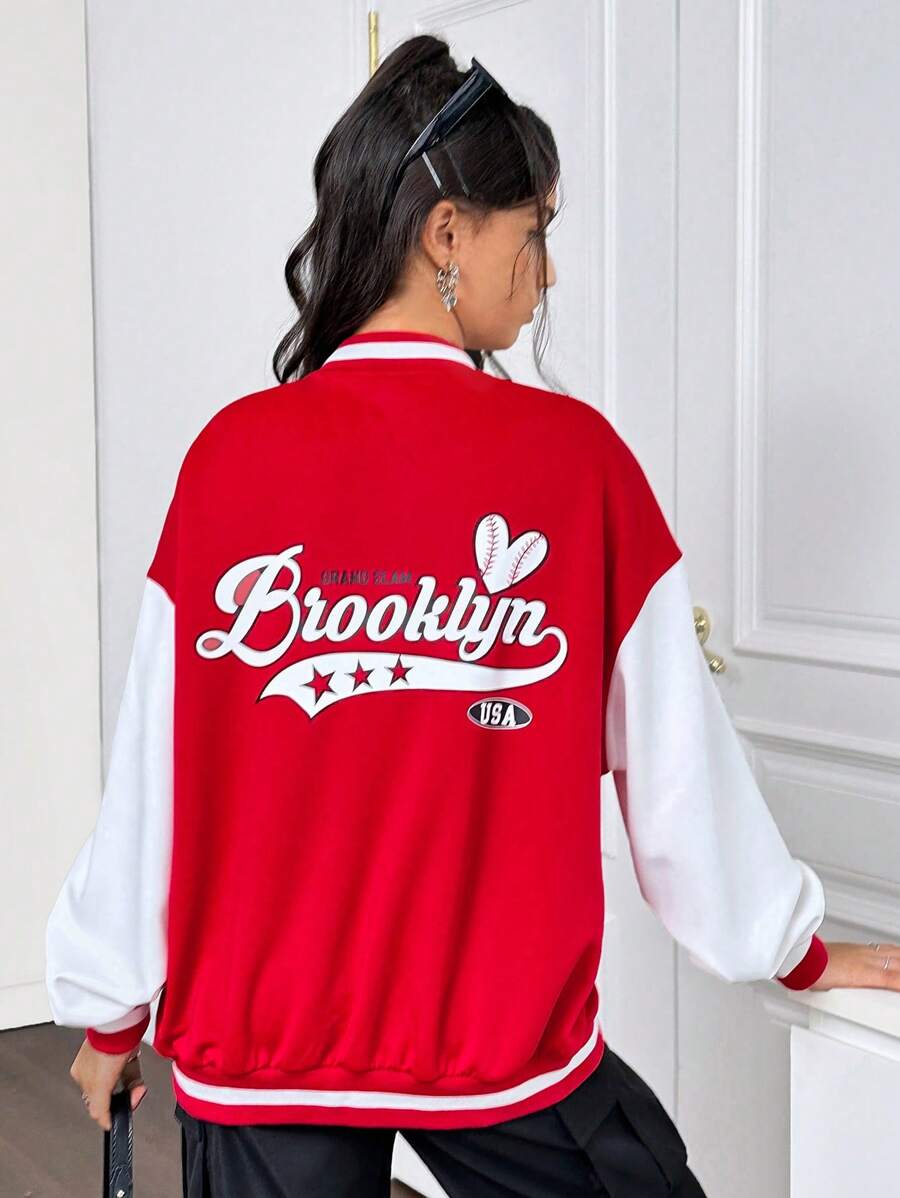 SHEIN Teen Girl's Knitted Color Blocking Letter Embellishment Casual Loose Baseball Jacket