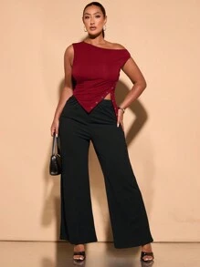 SHEIN BAE 加大码夏季不对称斜肩褶边下摆装饰纽扣镂空无袖女式上衣 - 酒紅色 - 查看 3