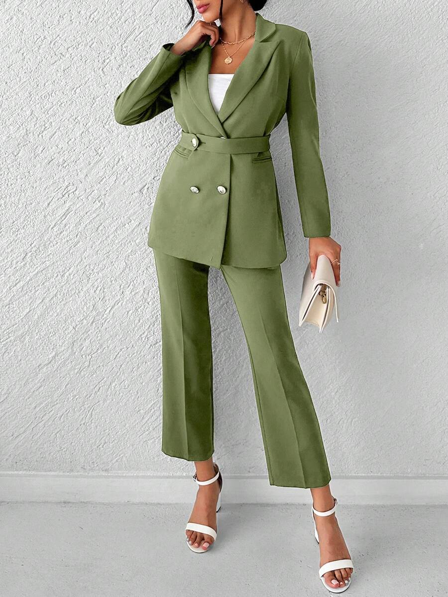 EURMUSE Women's Solid Color Notched Collar Double-Breasted Long Sleeve Fashion Suit Set - Dark Green - View 1