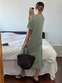 Livesso Women's Round Neck Short Sleeve Solid Color Simple Fashion Elegant Dress Sundress - Green - View 2