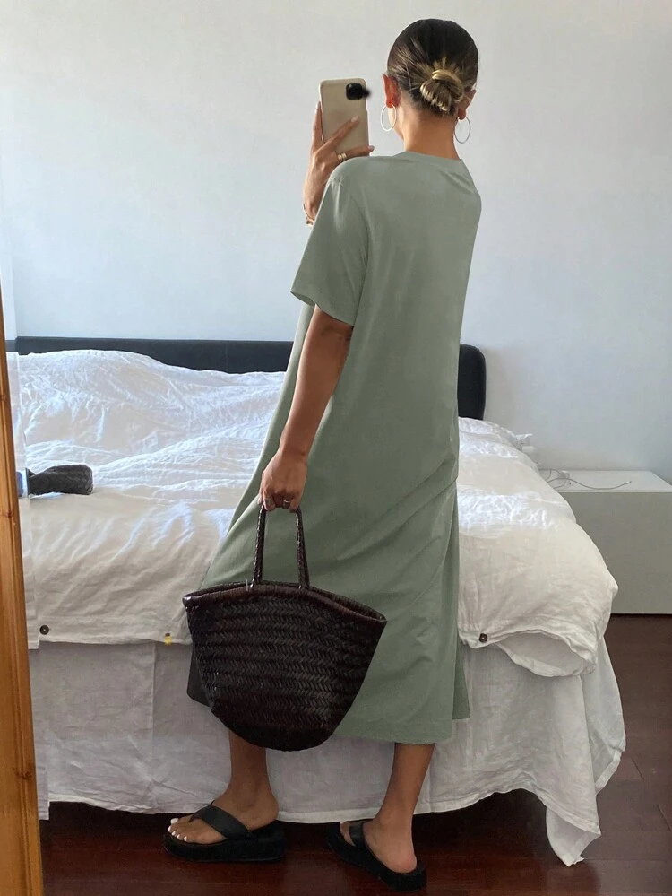 Women's Round Neck Short Sleeve Solid Color Simple Fashion Elegant Dress Sundress