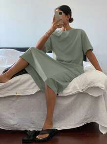Livesso Women's Round Neck Short Sleeve Solid Color Simple Fashion Elegant Dress Sundress - Green - View 3