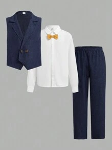 3pcs Tween Boy Casual School Style Bow Tie Shirt, Vest And Long Pants Gentleman Outfit, Suitable For Party, Birthday, Graduation, Commute, School And Daily Casual Wear In Autumn/Winter - Blue - View 1