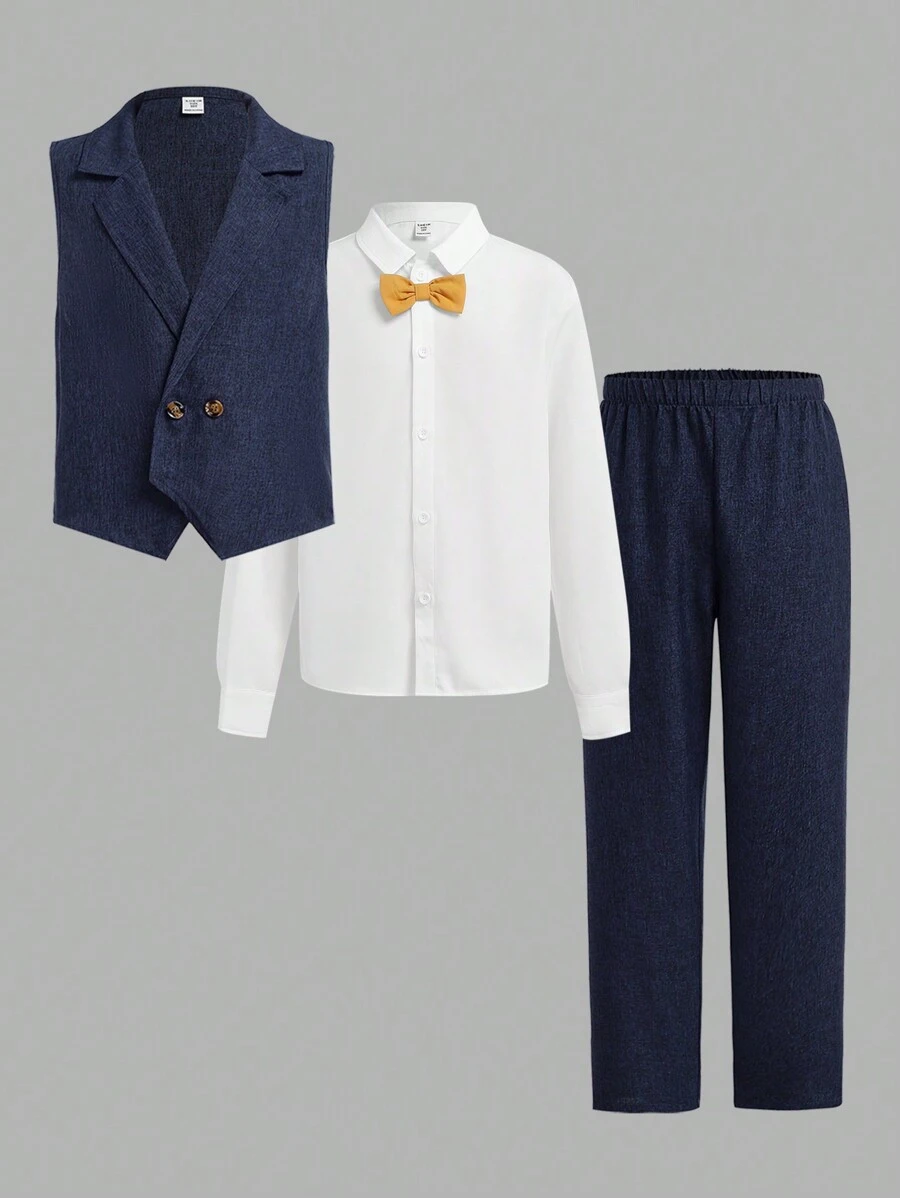 3pcs Tween Boy Casual School Style Bow Tie Shirt, Vest And Long Pants Gentleman Outfit, Suitable For Party, Birthday, Graduation, Commute, School And Daily Casual Wear In Autumn/Winter - Blue - View 1