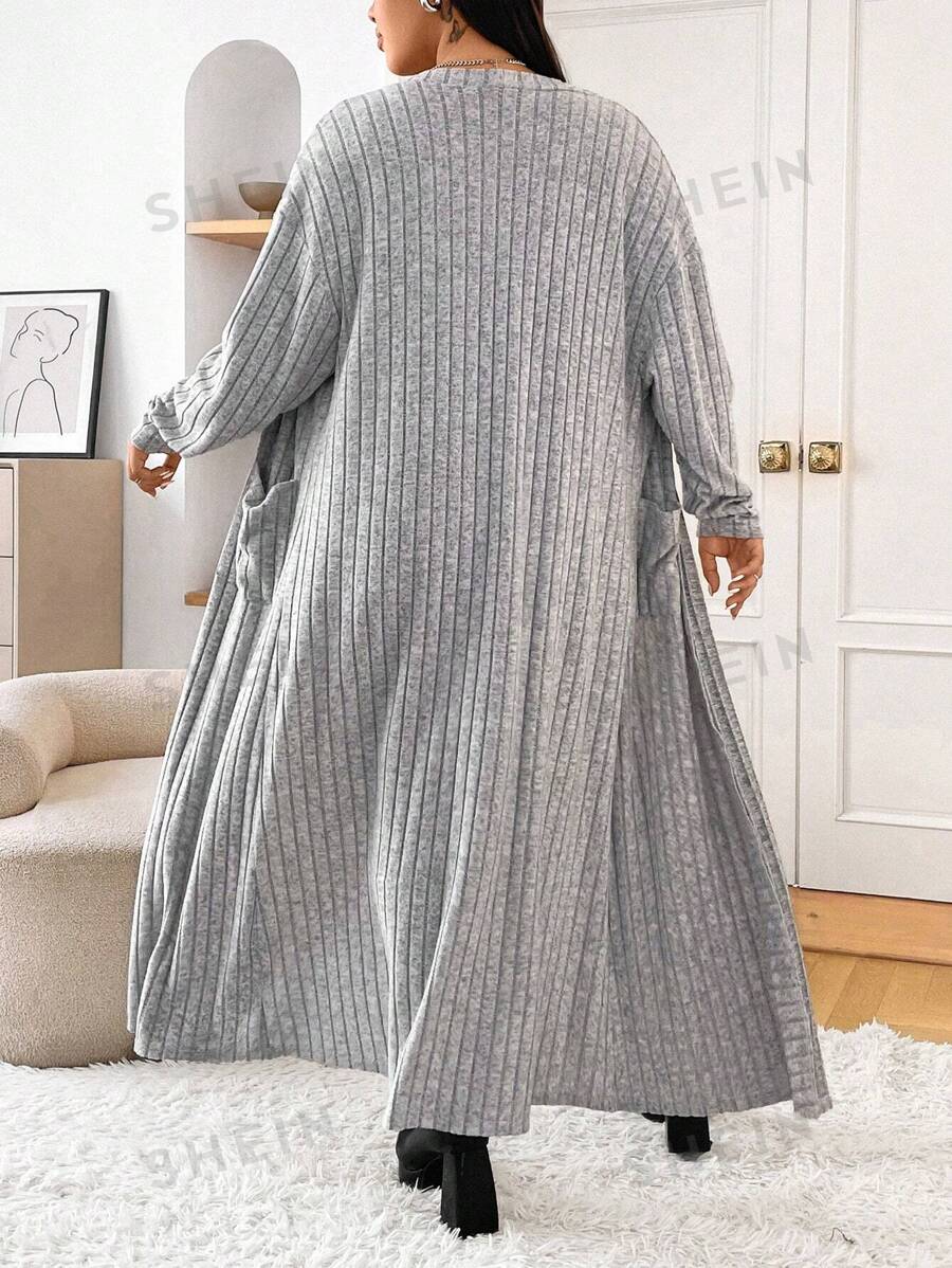 SHEIN EZwear Abrigo informal tipo bata de manga larga de color liso minimalista para mujer de tallas grandes - Gris - Ver 1
