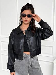 SHEIN Teenager Mädchen Jacke aus Kunstleder mit Hemdkragen, Langarm, Loose Fit und Crop Länge in Unifarbe