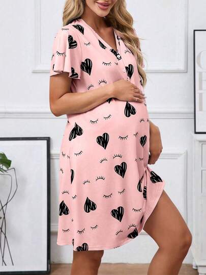 Moonlight&Mama Pregnant Women Eyelash & Heart Print Short Sleeve Nightgown
