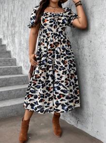 SHEIN VCAY Plus Size Vacation Puff Sleeve Square Neck Leopard Print Dress - Multicolor - View 6