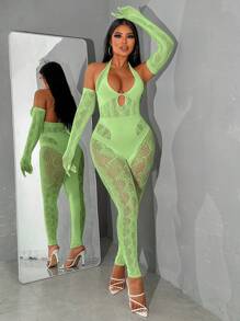 VaVaBold Women Spring And Summer Fashion Sexy See-Through Hollowed-Out Halter Neck Tight Jumpsuit