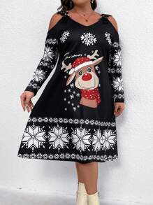 SHEIN CURVE+ Plus Size Ladies Spring And Summer Cartoon Print Open Shoulder Long Sleeve Casual Dress - Multicolor - View 6