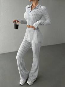 SHEIN EZwear SHEIN EZwear Autumn Zippered Ribbed Knit Cropped T-Shirt And Flared Pants Two-Piece Set