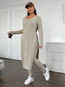 Flirla Bộ 2 món áo dài tay đơn giản màu trơn cỡ lớn cho nữ và quần dài, mặc vào mùa đông - Màu be - Xem 3