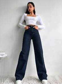 SHEIN Cottnline High Waist Wide Leg Jeans - Navy Blue - View 3