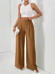 SHEIN Essnce Pantalones básicos sencillos de un solo color para mujer para uso diario - Marrón - Ver 3