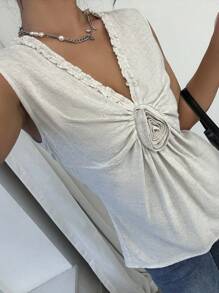 SHEIN Frenchy Blusa sin mangas de unicolor simple con cuello de volantes, corsé, ropa interior para mujer de otoño, blusa de lino, blusa para mujer de dinero antiguo