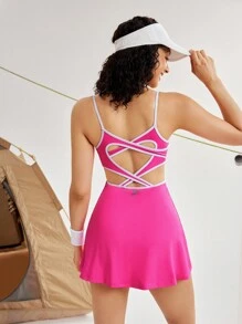 SHEIN Sovereign Charm Mono de tirantes con correas cruzadas y contraste de colores para mujer - Rosa Fucsia - Ver 9