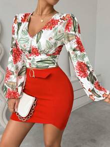 Chiquease 2pcs Sexy Deep V-Neck, Floral Print Long Sleeve Knit Top And Plain Color Midi Skirt With Belt, Stylish And Comfortable Set - Red - View 3