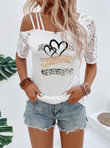 SHEIN LUNE Women's Summer Heart Leopard Print Contrast Lace Asymmetric Neck Short Sleeve Casual T-Shirt Graphic Cheetah Print Tees Women Tops - White - View 5