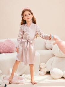 Girl Pajamas - Beige Solid Color Long Sleeve Robe Loungewear, Mommy And Me Matching Outfits (3 Pieces Sold Separately)