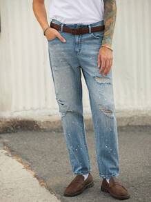 Manfinity Homme Pantalon décontracté droit en jean bleu clair lavé pour hommes - Jean clair - Voir 5